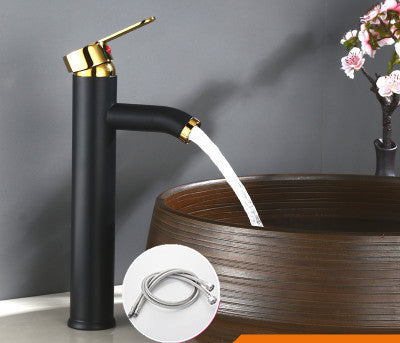 Black raised hot and cold water mixer tap for the washbasin